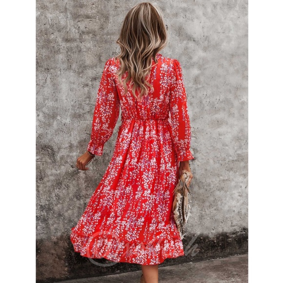 Ditsy Floral Red Midi Dress V-Neck - Picture 4 of 8